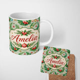 Personalized Custom Name Watercolor Christmas Wreath Baubles Pine Branches Festive Seamless 11oz Ceramic Coffee Tea Mug White Large Handle