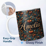 Personalized Custom Name Luxurious Ornate Floral Heart Baroque Style Seamless Pattern Lovely 11oz Ceramic Coffee Tea Mug White Large Handle