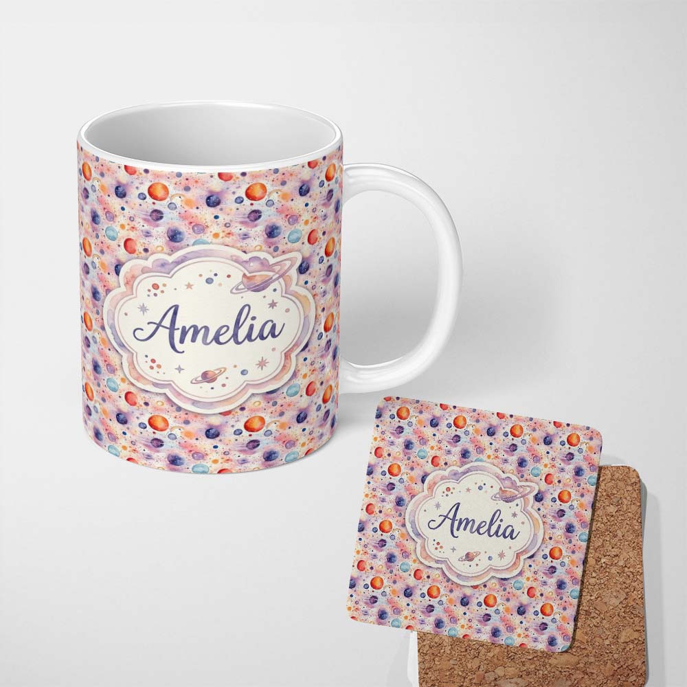 Personalized Custom Name Watercolor Planets Dots Space Seamless Pattern Light Cosmic Lovely 11oz Ceramic Coffee Tea Mug White Large Handle