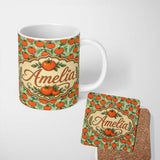 Personalized Custom Name Cute Small Tomatoes and Leaves on Soft Green Background Seamless 11oz Ceramic Coffee Tea Mug White Large Handle