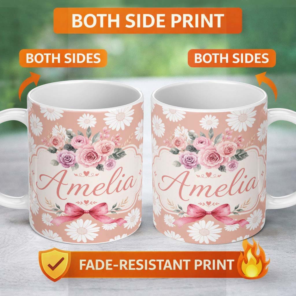 Personalized Custom Name White Daisy Floral Pattern on Peach Background Seamless Pattern 11oz Ceramic Coffee Tea Mug White Large Handle