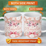 Personalized Custom Name White Daisy Floral Pattern on Peach Background Seamless Pattern 11oz Ceramic Coffee Tea Mug White Large Handle