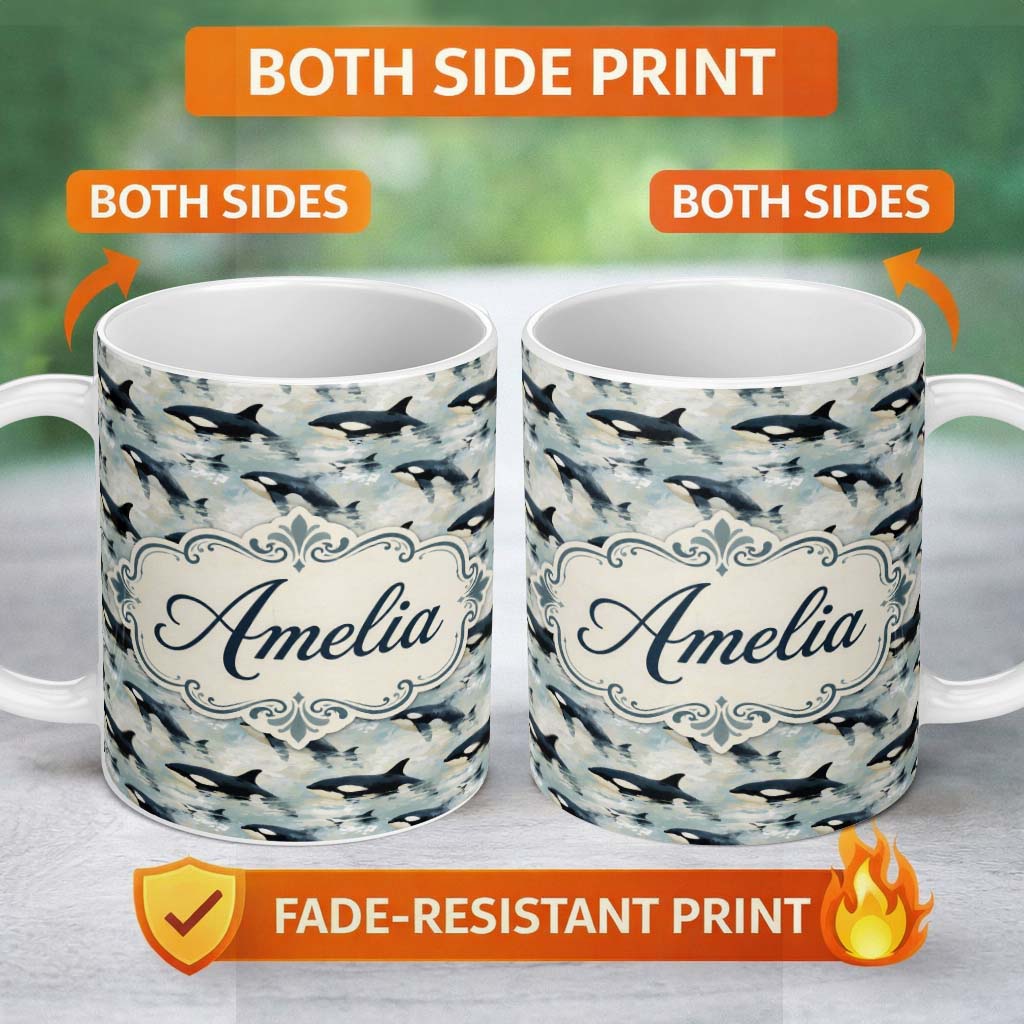 Personalized Custom Name Orca Whale Ocean Surface Seamless Pattern Realistic Marine Life 11oz Ceramic Coffee Tea Mug White Large Handle