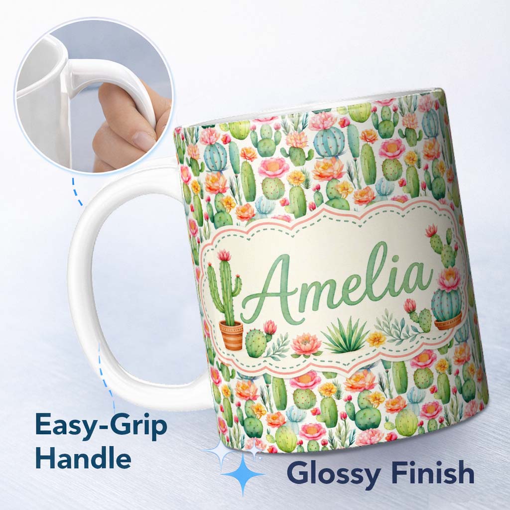 Personalized Custom Name Bright Colorful Potted Cactus Succulent Collection Seamless Pattern 11oz Ceramic Coffee Tea Mug White Large Handle