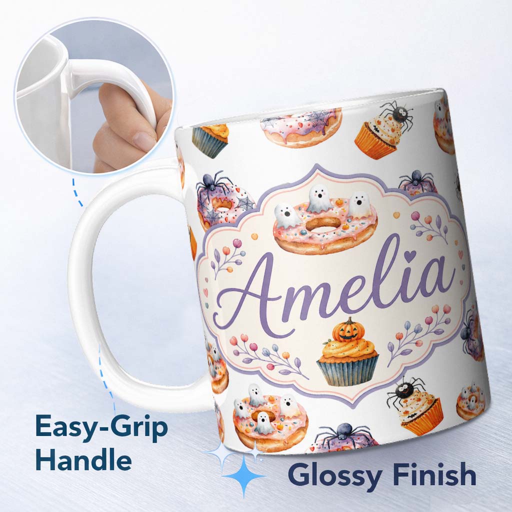 Personalized Custom Name Halloween Donuts Cupcakes Spiders and Ghosts Cute Light Grey Lovely 11oz Ceramic Coffee Tea Mug White Large Handle