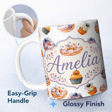 Personalized Custom Name Halloween Donuts Cupcakes Spiders and Ghosts Cute Light Grey Lovely 11oz Ceramic Coffee Tea Mug White Large Handle