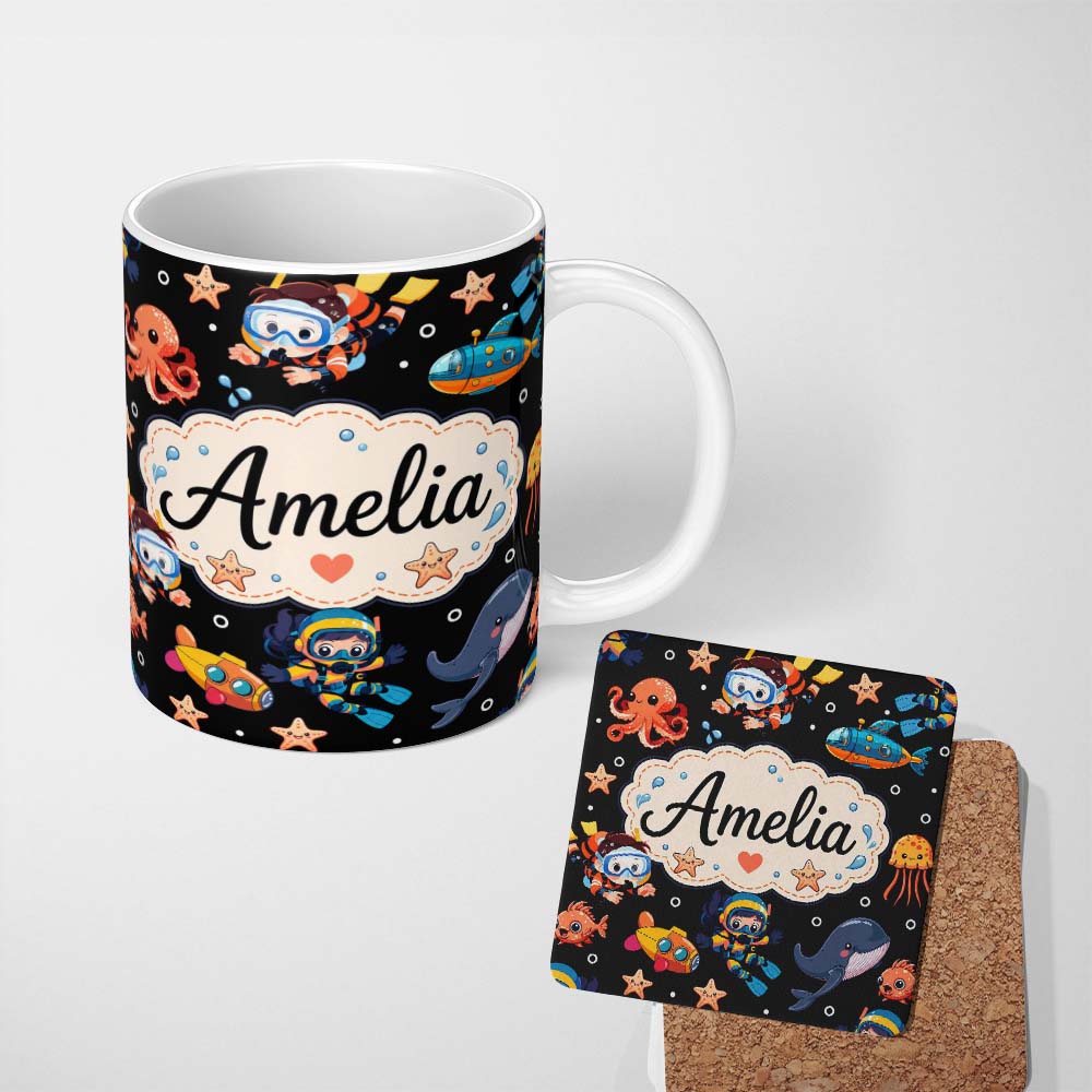 Personalized Custom Name Underwater with Scuba Divers Starfish and Whale on Light Grey Lovely 11oz Ceramic Coffee Tea Mug White Large Handle