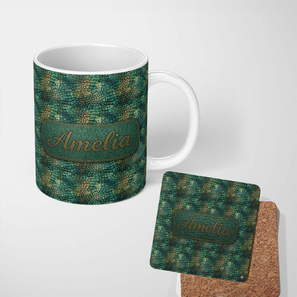 Personalized Custom Name Deep Teal Crocodile Texture Pattern Bold Reptile Skin Design Lovely 11oz Ceramic Coffee Tea Mug White Large Handle