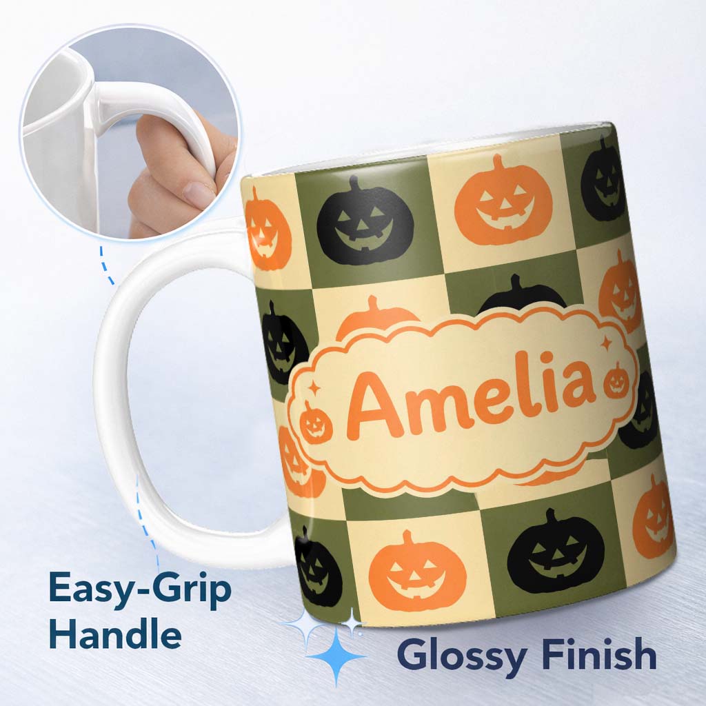 Personalized Custom Name Halloween Pumpkin Faces in Olive and Beige Checkerboard Seamless 11oz Ceramic Coffee Tea Mug White Large Handle