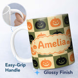 Personalized Custom Name Halloween Pumpkin Faces in Olive and Beige Checkerboard Seamless 11oz Ceramic Coffee Tea Mug White Large Handle