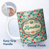 Personalized Custom Name Colorful Woven Picnic Baskets Style Seamless Pattern Lovely 11oz Ceramic Coffee Tea Mug White Large Handle