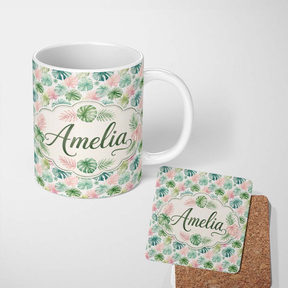 Personalized Custom Name Pastel Tropical Monstera Leaves in Soft Pink and Green Seamless 11oz Ceramic Coffee Tea Mug White Large Handle