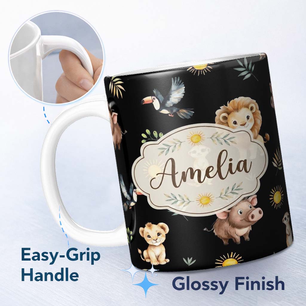 Custom Name Cute Safari Animals Lion Meerkat Toucan and Warthog with Sun 11oz Ceramic Coffee Tea Mug White Large Handle