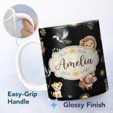 Custom Name Cute Safari Animals Lion Meerkat Toucan and Warthog with Sun 11oz Ceramic Coffee Tea Mug White Large Handle