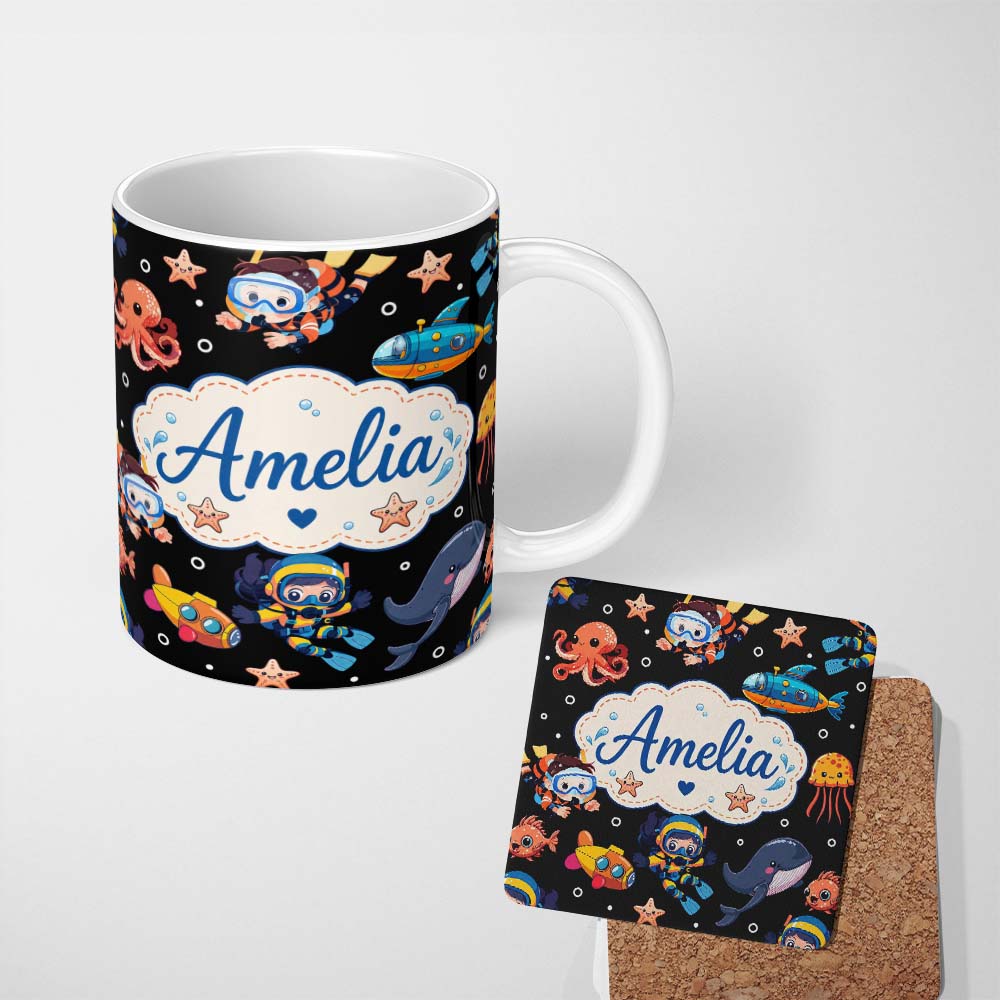 Personalized Custom Name Underwater with Scuba Divers Starfish and Whale on Deep Black Lovely 11oz Ceramic Coffee Tea Mug White Large Handle