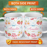 Personalized Custom Name Strawberry Cherry Daisy Floral Bow Sweet Dessert Soft Blue Outline 11oz Ceramic Coffee Tea Mug White Large Handle