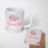 Personalized Custom Name Cute Watercolor Floral Roses with Red Ribbon and Butterflies Blue 11oz Ceramic Coffee Tea Mug White Large Handle