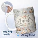 Personalized Custom Name Cute Woodland Animals Koala Kangaroo Bear Floral Pattern Grey Lovely 11oz Ceramic Coffee Tea Mug White Large Handle