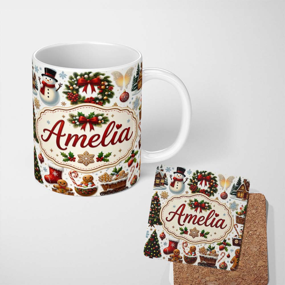 Personalized Custom Name Cute Christmas Wreath Snowman Gingerbread Cookies Tree Seamless 11oz Ceramic Coffee Tea Mug White Large Handle
