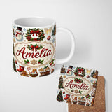 Personalized Custom Name Cute Christmas Wreath Snowman Gingerbread Cookies Tree Seamless 11oz Ceramic Coffee Tea Mug White Large Handle