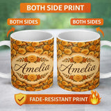 Personalized Custom Name Dense Orange Floral Garden Seamless Warm Tone Pattern Lovely 11oz Ceramic Coffee Tea Mug White Large Handle