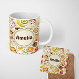 Personalized Custom Name Cute Kawaii Breakfast Food Seamless Pattern Yellow Gingham Lovely 11oz Ceramic Coffee Tea Mug White Large Handle