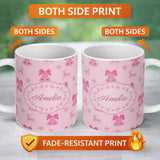 Personalized Custom Name Minimal Pink Bell Bow Reindeer Winter Seamless Pattern Lovely 11oz Ceramic Coffee Tea Mug White Large Handle