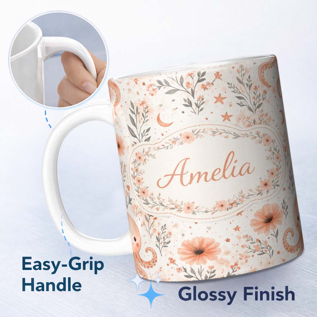 Personalized Custom Name Cute Octopus Floral Seamless Pattern Charming Kitchen Decor Lovely 11oz Ceramic Coffee Tea Mug White Large Handle
