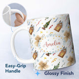 Personalized Custom Name Rustic Christmas Angel House Tree Stars Seamless Pattern Lovely 11oz Ceramic Coffee Tea Mug White Large Handle