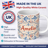 Personalized Custom Name Bold Vintage Tile Red Navy Ornamental Seamless Pattern Lovely 11oz Ceramic Coffee Tea Mug White Large Handle