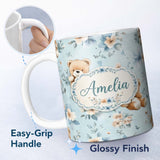 Personalized Custom Name Cute Teddy Bears with Blue Floral Background Seamless Pattern Lovely 11oz Ceramic Coffee Tea Mug White Large Handle