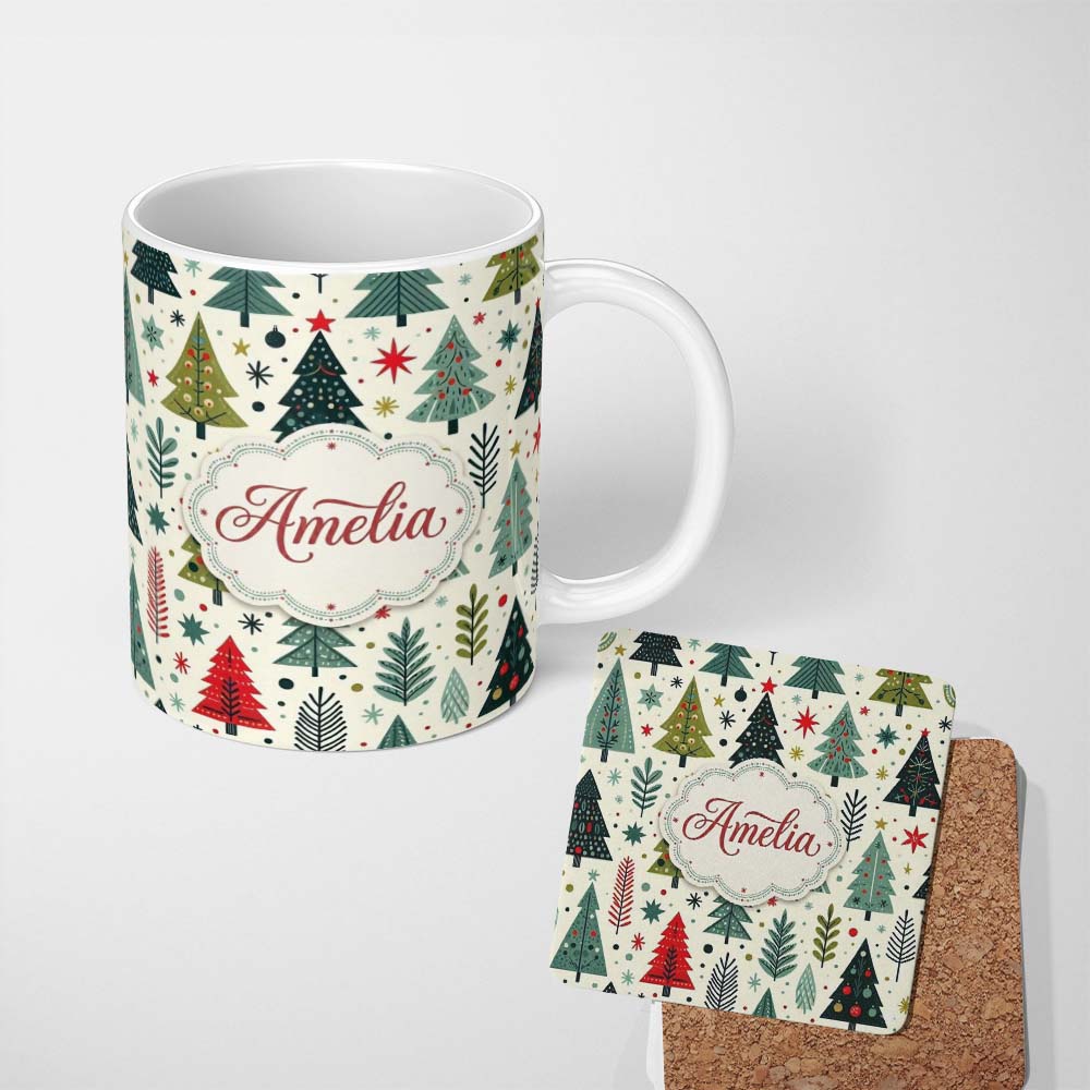 Personalized Custom Name Scandi Christmas Trees Geometric Red Green Snowflakes Seamless 11oz Ceramic Coffee Tea Mug White Large Handle