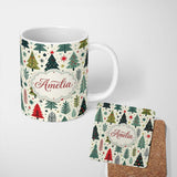 Personalized Custom Name Scandi Christmas Trees Geometric Red Green Snowflakes Seamless 11oz Ceramic Coffee Tea Mug White Large Handle
