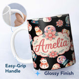 Personalized Custom Name Cute Snowman Snow Globe Poinsettia Flower Christmas Pattern Black 11oz Ceramic Coffee Tea Mug White Large Handle