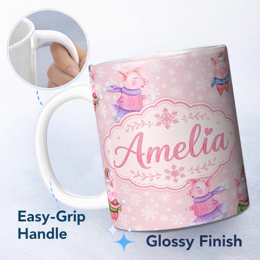 Personalized Custom Name Cute Winter Pig Snowflake Watercolor Seamless Pattern Lovely 11oz Ceramic Coffee Tea Mug White Large Handle