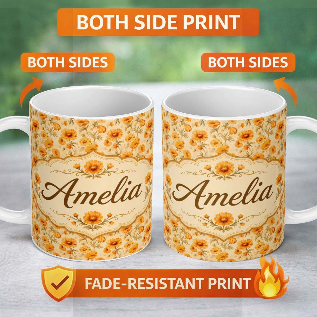 Personalized Custom Name Chrysanthemum Floral on Neutral Background with Warm Autumn Tones 11oz Ceramic Coffee Tea Mug White Large Handle