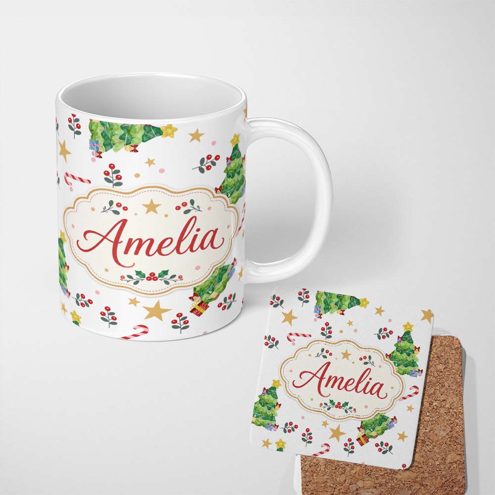 Personalized Custom Name Cute Christmas Tree Candy Cane Stars Gift Seamless Pattern Lovely 11oz Ceramic Coffee Tea Mug White Large Handle