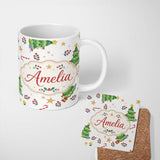 Personalized Custom Name Cute Christmas Tree Candy Cane Stars Gift Seamless Pattern Lovely 11oz Ceramic Coffee Tea Mug White Large Handle