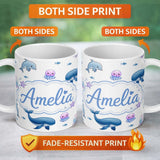Personalized Custom Name Cute Ocean Animals Dolphin Whale Shark Jellyfish White Background 11oz Ceramic Coffee Tea Mug White Large Handle