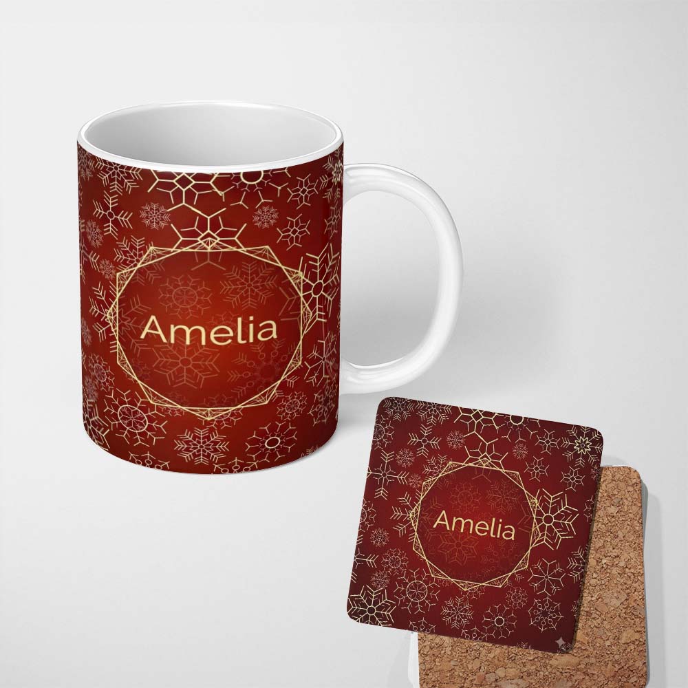 Personalized Custom Name Christmas Snowflake Red Background Seamless Pattern Design Winter 11oz Ceramic Coffee Tea Mug White Large Handle