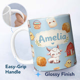 Personalized Custom Name Cute Farm Goat Barn Hay Bale Chick Blue Background Seamless Pattern 11oz Ceramic Coffee Tea Mug White Large Handle