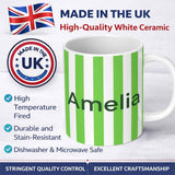 Personalized Custom Name Simple Green And White Vertical Stripe Seamless Pattern Minimal 11oz Ceramic Coffee Tea Mug White Large Handle