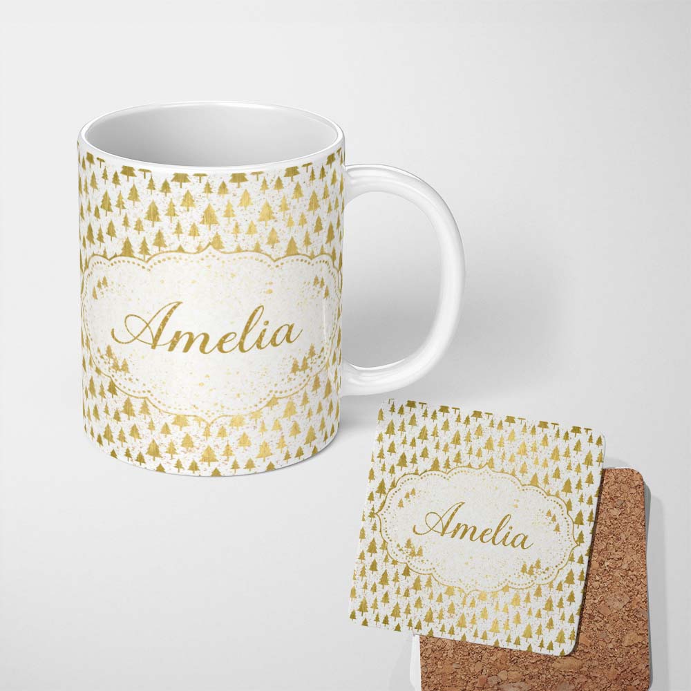 Personalized Custom Name Gold Christmas Tree Pattern White Background Seamless Lovely 11oz Ceramic Coffee Tea Mug White Large Handle