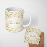 Personalized Custom Name Gold Christmas Tree Pattern White Background Seamless Lovely 11oz Ceramic Coffee Tea Mug White Large Handle