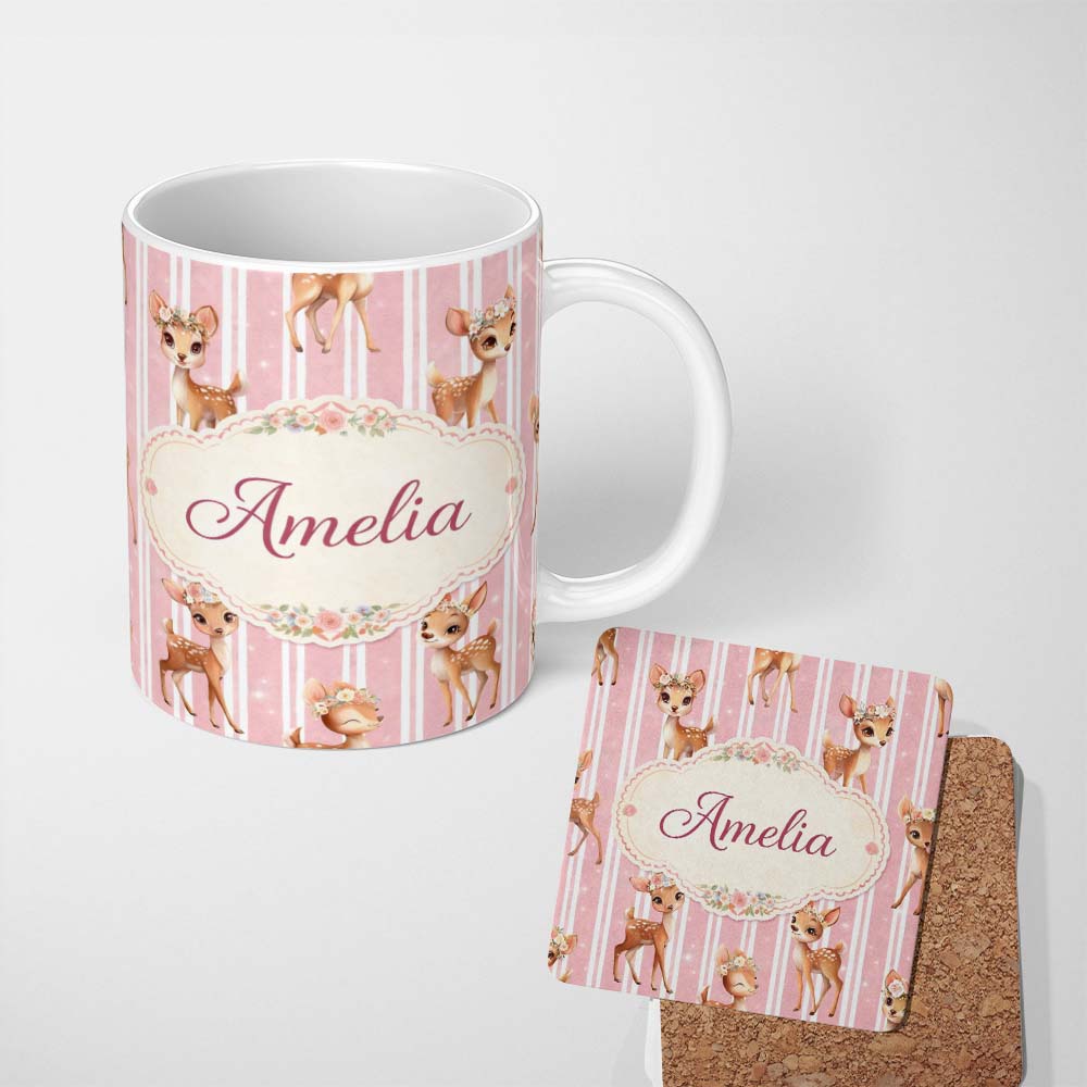 Personalized Custom Name Cute Baby Deer Pink Stripes Floral Crown Seamless Pattern Lovely 11oz Ceramic Coffee Tea Mug White Large Handle