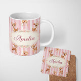 Personalized Custom Name Cute Baby Deer Pink Stripes Floral Crown Seamless Pattern Lovely 11oz Ceramic Coffee Tea Mug White Large Handle