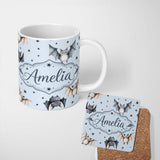 Personalized Custom Name Cute Watercolor Bats and Stars Seamless Pattern Soft Blue Background 11oz Ceramic Coffee Tea Mug White Large Handle