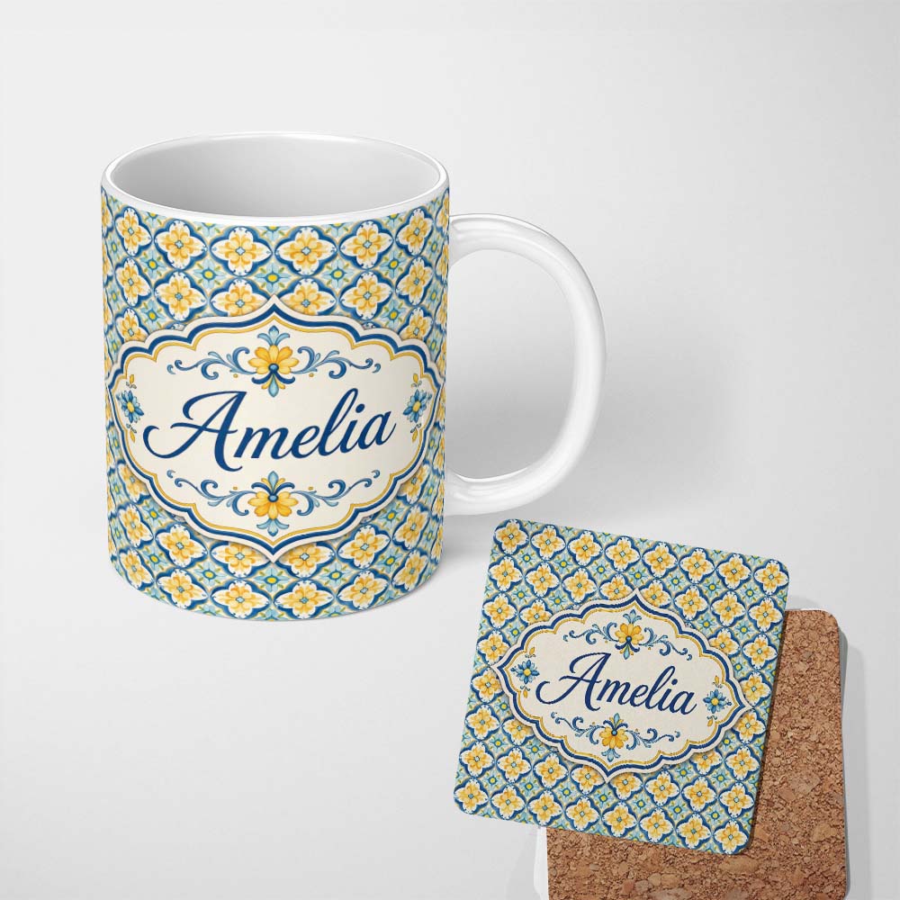 Personalized Custom Name Blue and Yellow Mediterranean Style Tile Pattern with Floral Motifs 11oz Ceramic Coffee Tea Mug White Large Handle