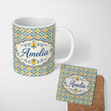 Personalized Custom Name Blue and Yellow Mediterranean Style Tile Pattern with Floral Motifs 11oz Ceramic Coffee Tea Mug White Large Handle