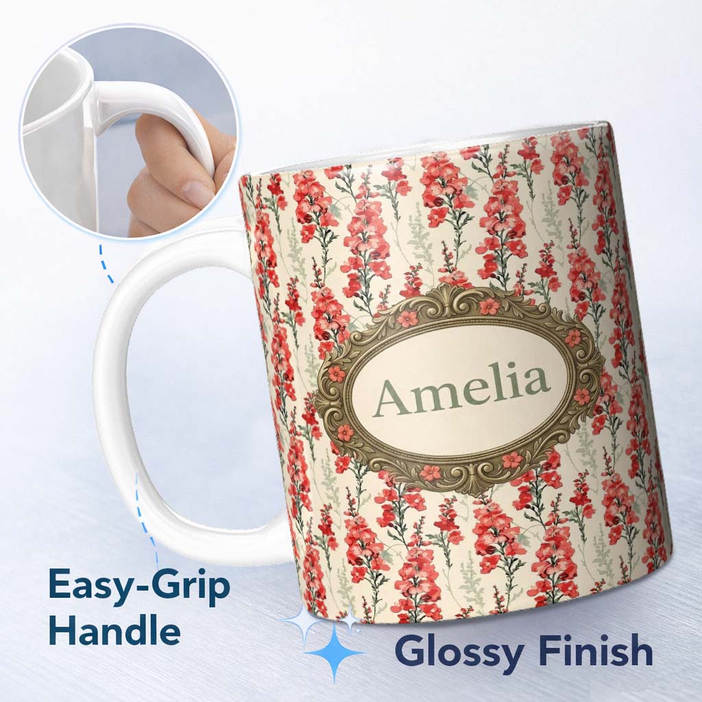 Personalized Custom Name Soft Coral Floral Vertical on Neutral Background Elegant Botanical 11oz Ceramic Coffee Tea Mug White Large Handle